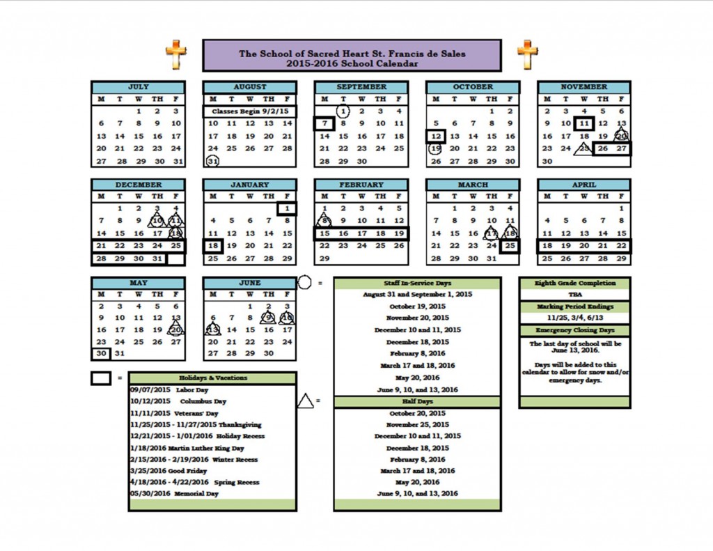 Calendar 20152016 The School of Sacred Heart Saint Francis de Sales
