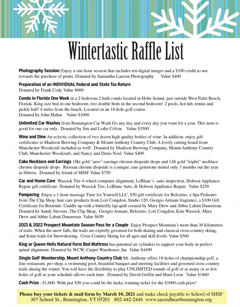 Wintertastic Raffle 2021 List Revised